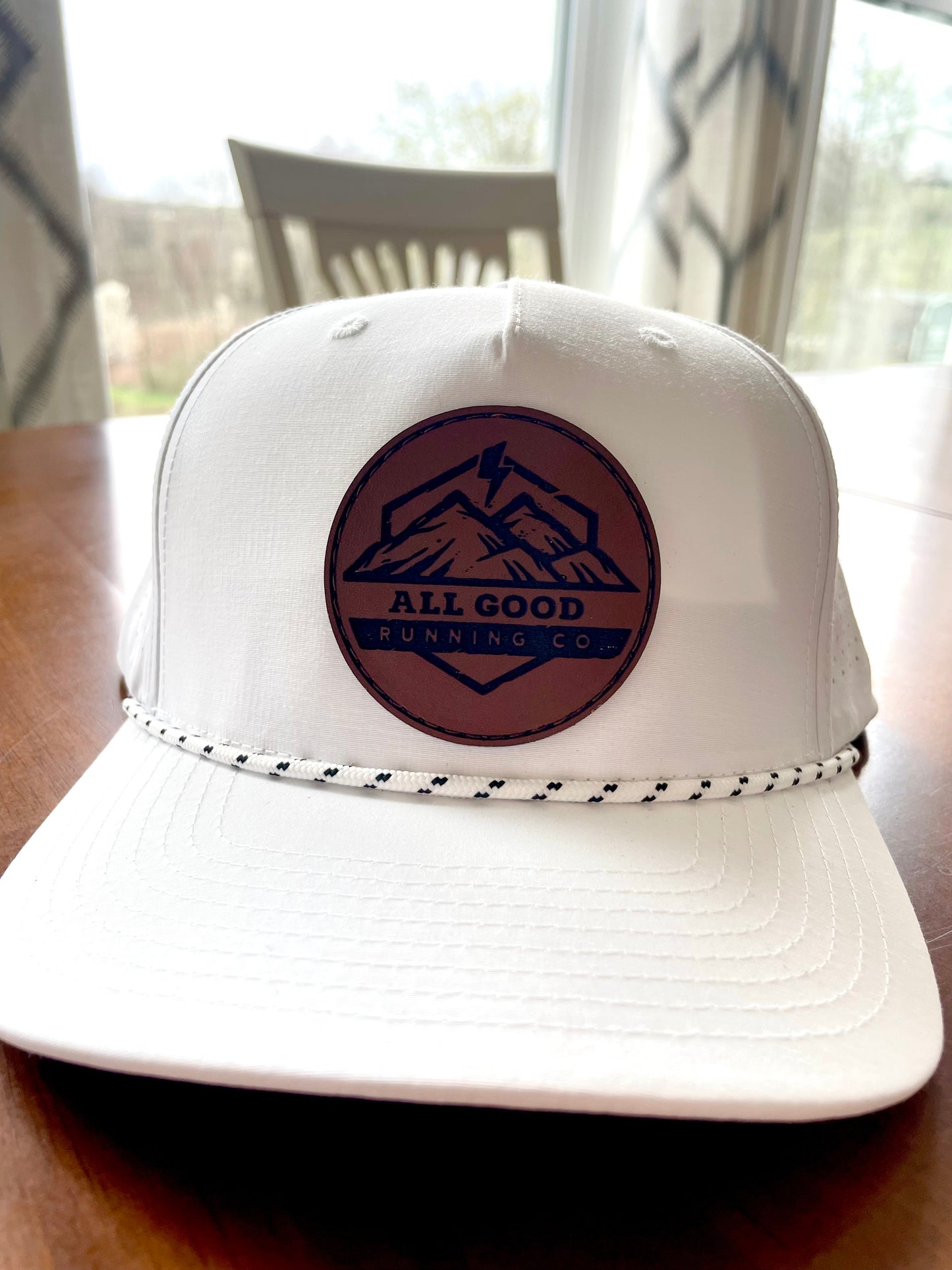 All Good Running | White Performance Hat - Laser Engraved Brown Leather Patch