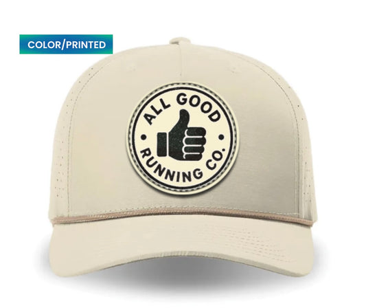 All Good Running | Tan Performance Hat - Color Printed Thumbs Up Leather Patch